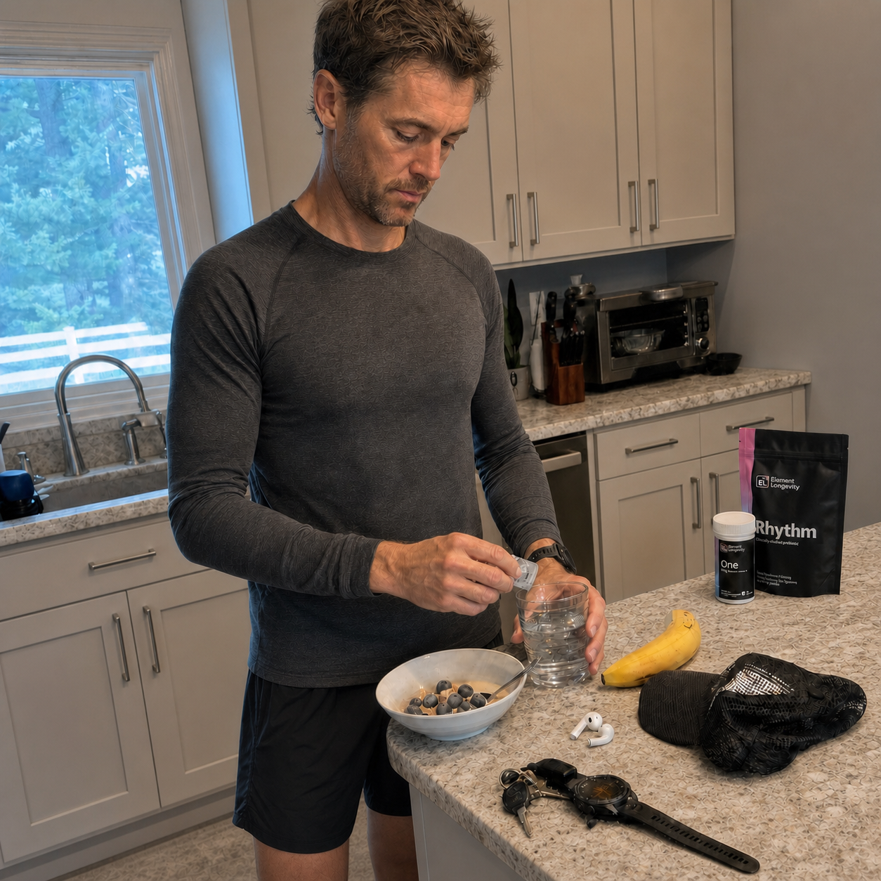 An active person following a simple nutrition routine at home