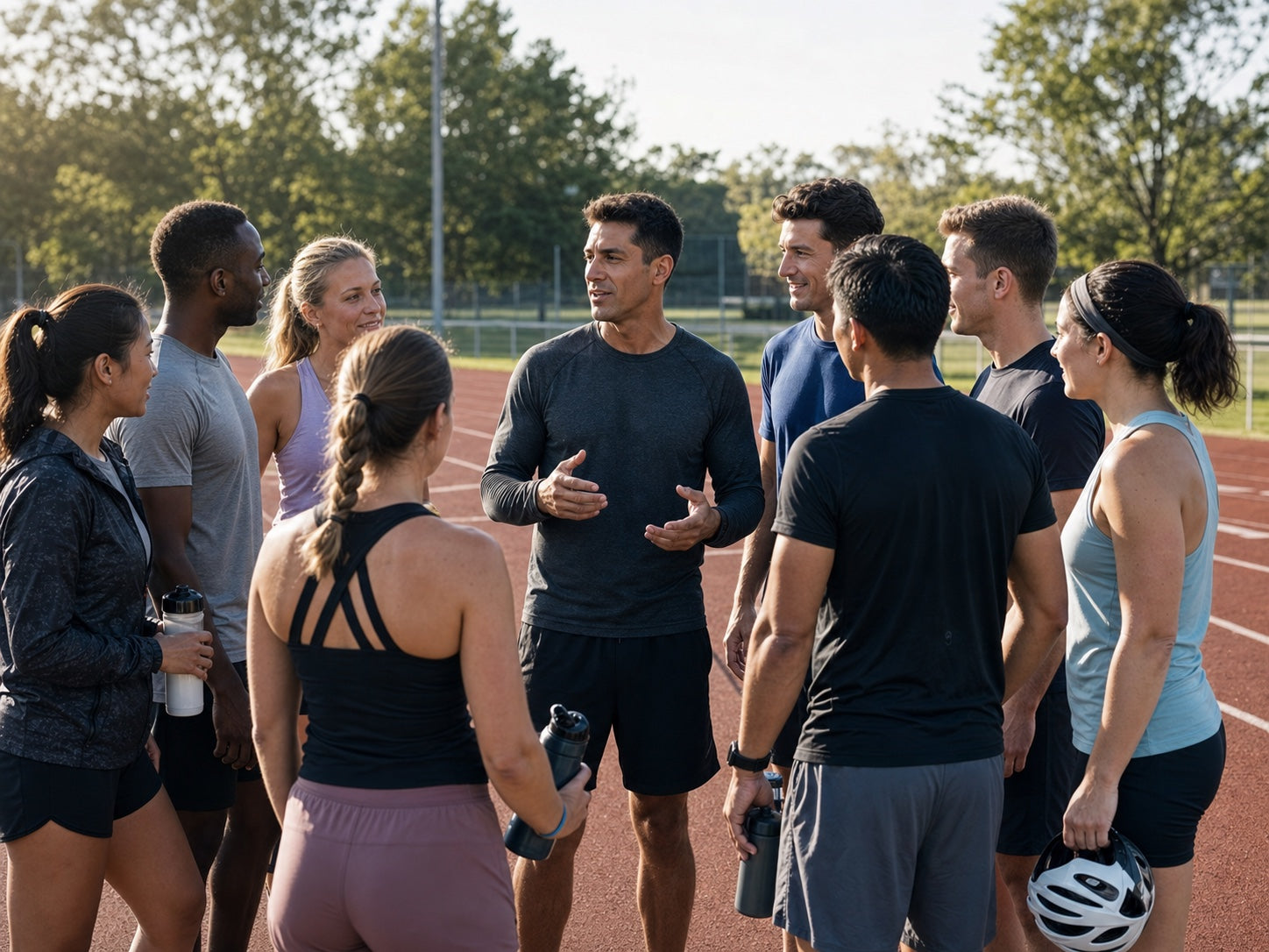 A coach speaking with a group of recreational athletes